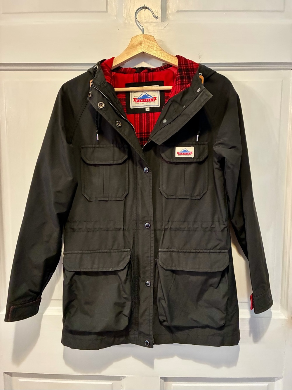 Women’s Penfield Kasson Black Hooded Utility Jacket with Red Plaid Lining